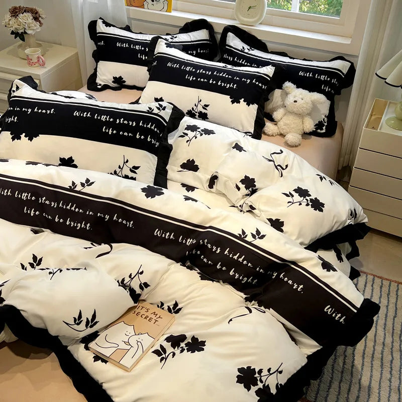 Hepburn Style Floral Print Bedding Sets Elegant Lace Super Soft Cozy Flat Sheet Set Home Dorm Textile Supplies for All Seasons