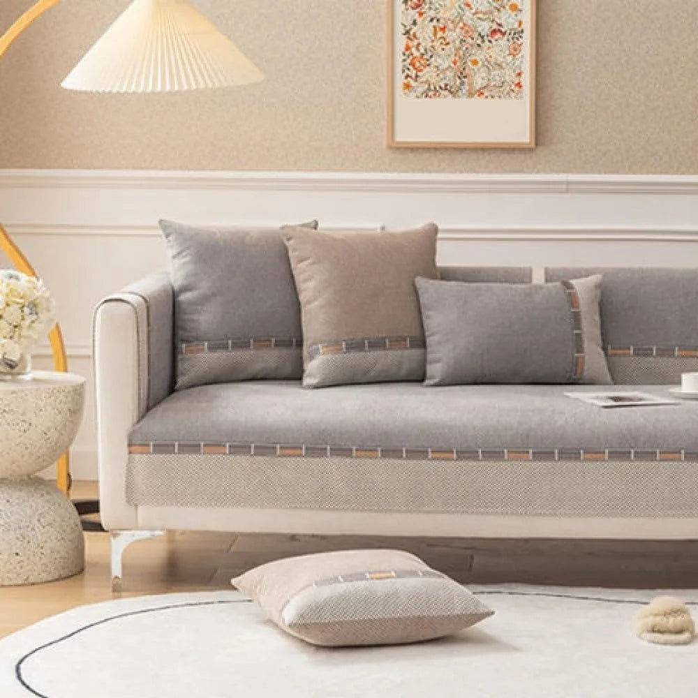 1pc Bohemian-Style Solid Color Small Diamond Chenille Non-Slip Sofa Cover,Two-Tone Splice Design,Ideal for Bedroom,Living Room