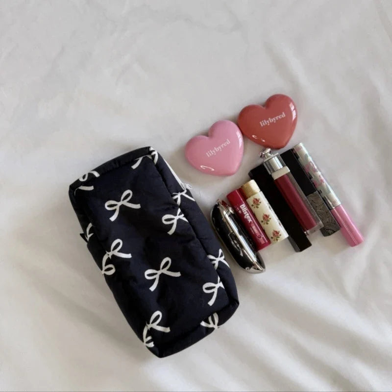 Bow Print Makeup Bag For Women Large Capacity Cosmetic Pouch Multi Use Storage Case Travel Zipper Bag For Glasses Stationery