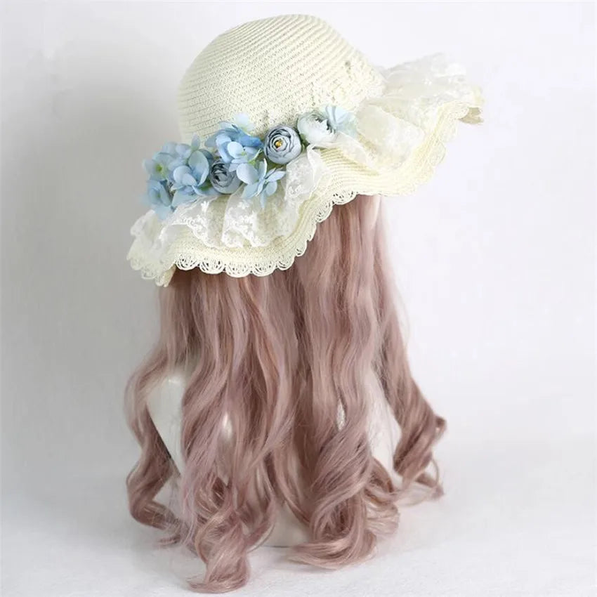 Mori Girl Flower Lace Ribbon Lolita Straw Hat Elegant Princess Lolita Flat Cap Sun Beach Cap