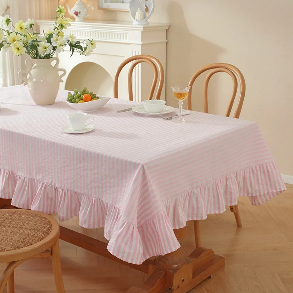 Vertical Striped Table Cover Washable Wrinkle-Resistant Striped Ruffle Tablecloth Ruffle Trim Farmhouse Tablecloth Wedding Decor
