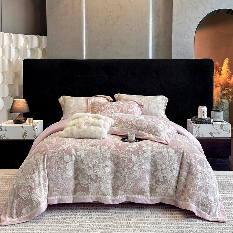 Luxury Thickened Warm Winter Bedding Set Blooming Flowers Carved Velvet Duvet Cover Flat/Fitted Bed Sheet Pillowcases 4Pcs