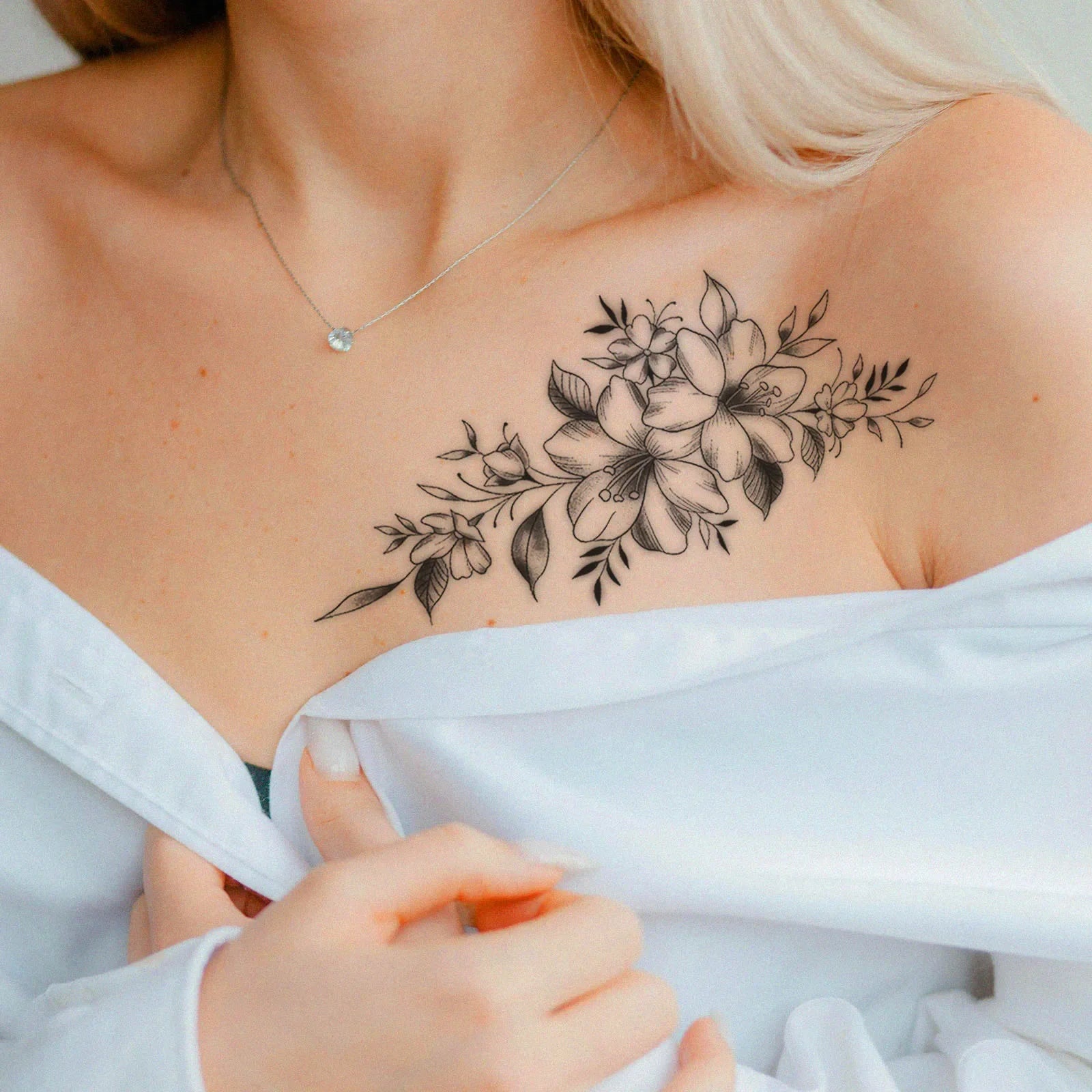Natural Vine Floral Tattoo Sticker Black Gray Realistic Gradient Waterproof Long Lasting Temporary Tattoo for Women Shoulder