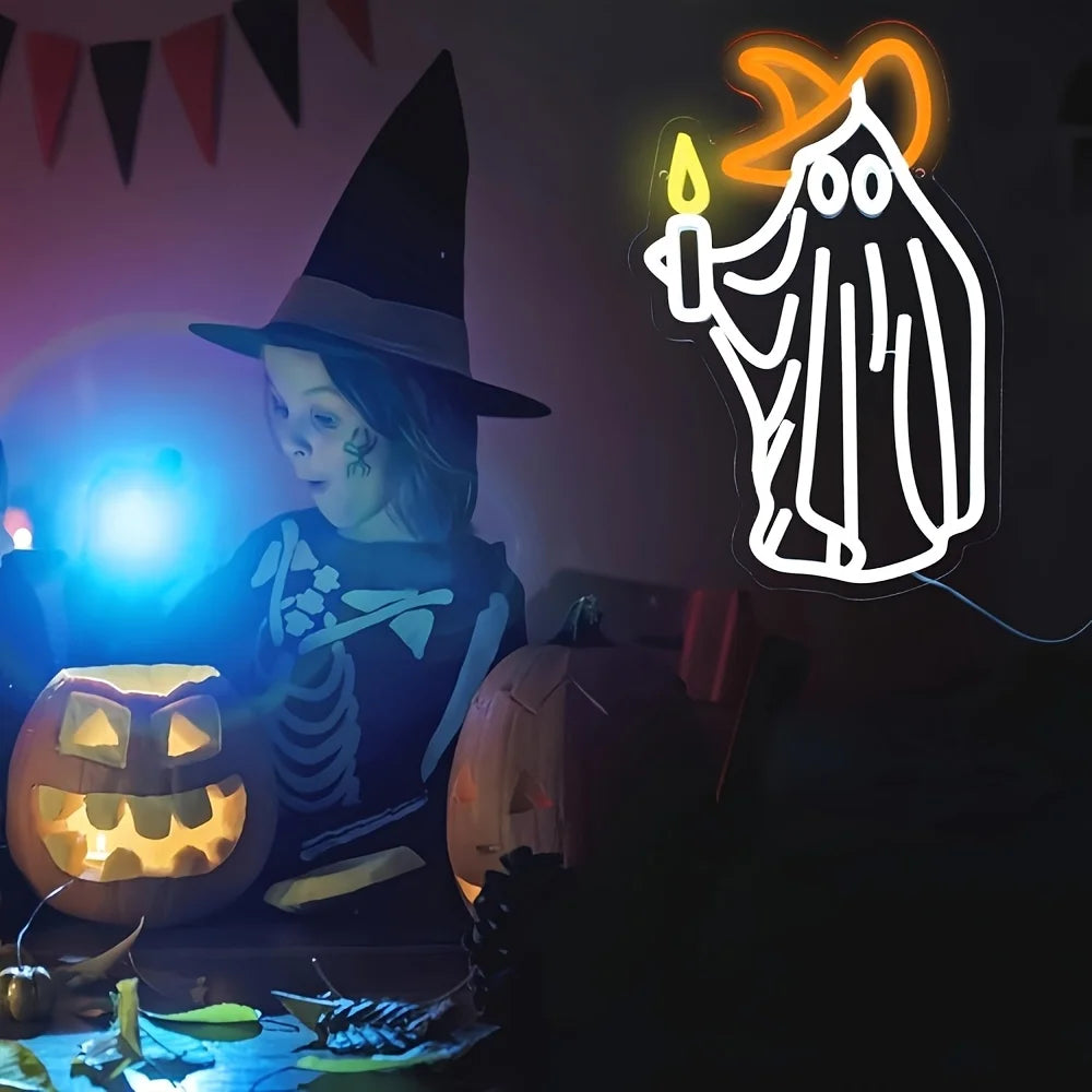 Candle Ghost LED Wall Light Halloween Bedroom Decor LED Neon Sign Rural Cabin Holiday Party Men Cave Kid Room Interior Wall Lamp