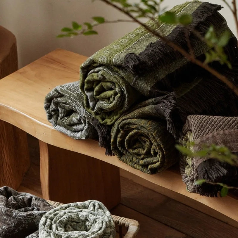 Vintage Artistic Style Pure Cotton Yarn Dyed Jacquard Tassel Throw Blanket Skin Friendly Car Office Single Nap Sofa Thin Blanket