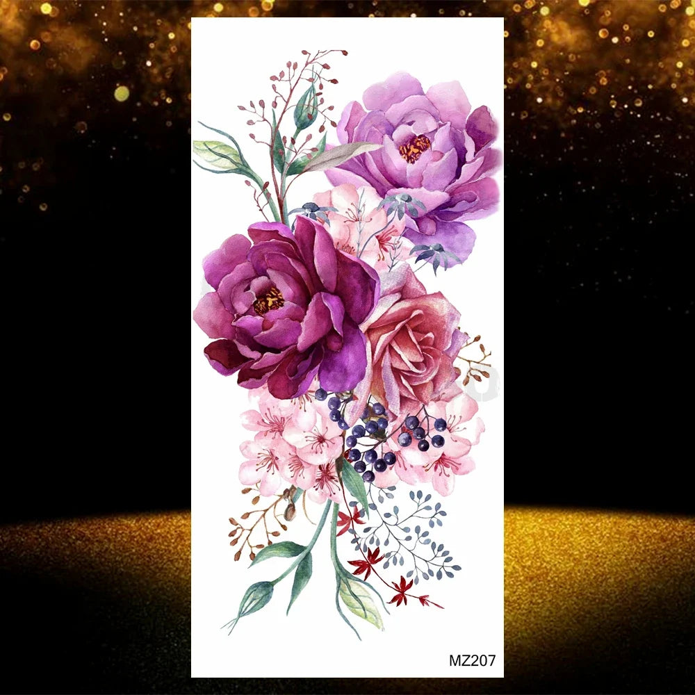 Realistic Black Rose Flower Temporary Tattoos Fake Waterproof Tatoo Body Art Arm Leg Floral Peony Bloosom Tattoo Stickers Makeup