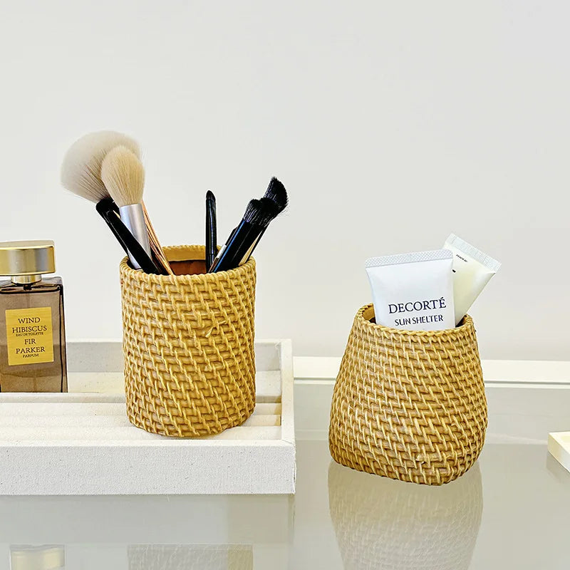 Imitation Rattan Woven Pen Holder Multi-functional Storage Basket Makeup Brush Storage Box Desk Organizer Office  Pen Holder
