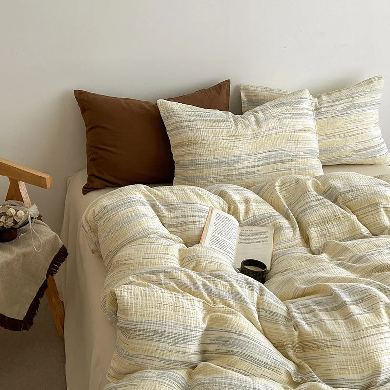 Nordic Simple Stripe Printed Bedding Sets Soft Washed Cotton Skin Friendly Duvet Cover Kit Cozy Bedclothes for Summer and Autumn
