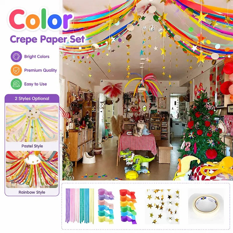 Crepe Paper Streamer Set Birthday Christmas Easter Home Party Hanging Decor Wedding Birthday Party Backdrop Colorful Paper Crepe
