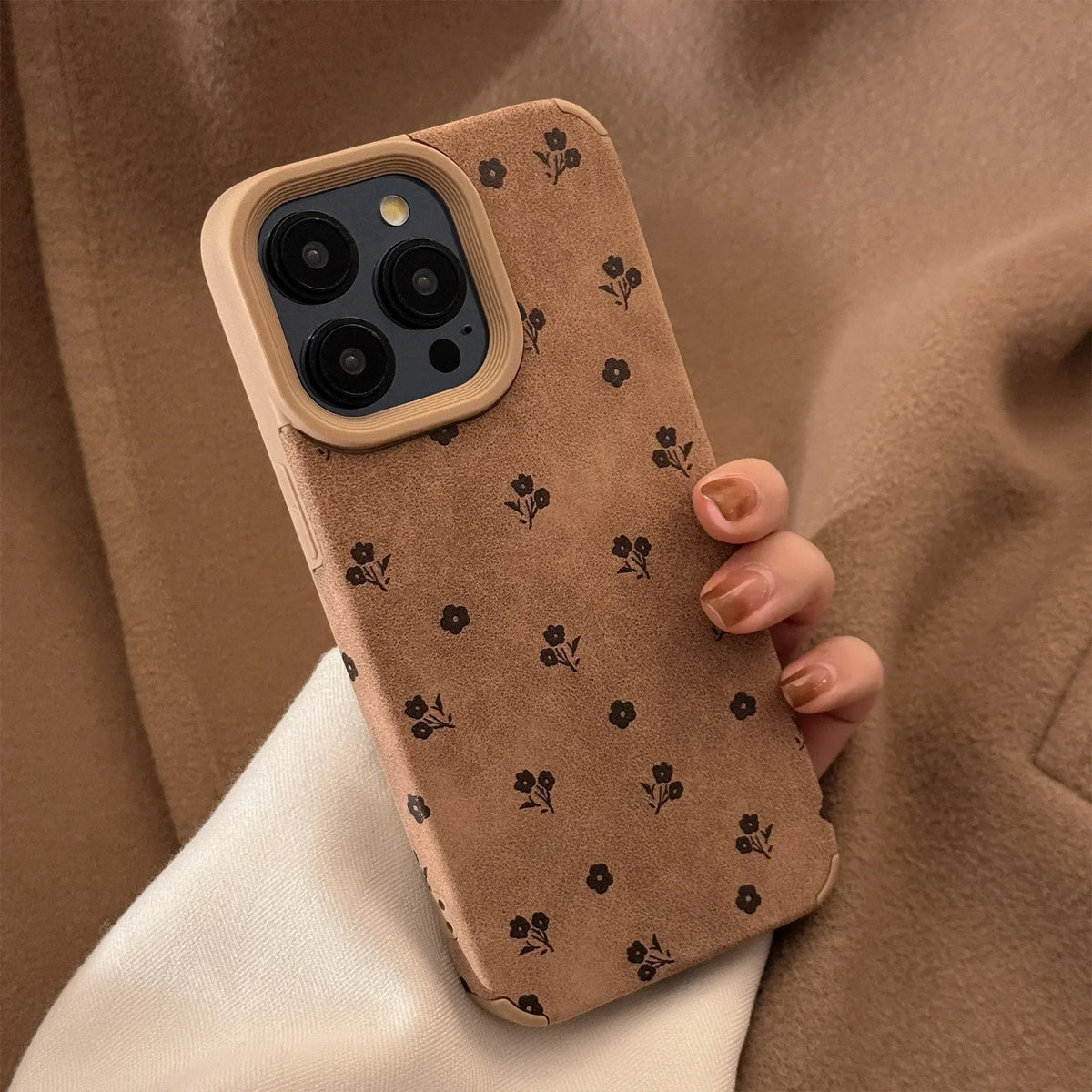 Luxury Full Screen Flower Suede Leather Texture Phone Case For iPhone 16 15 14 Plus 13 12 11 Pro Max Shockproof Protective Cover