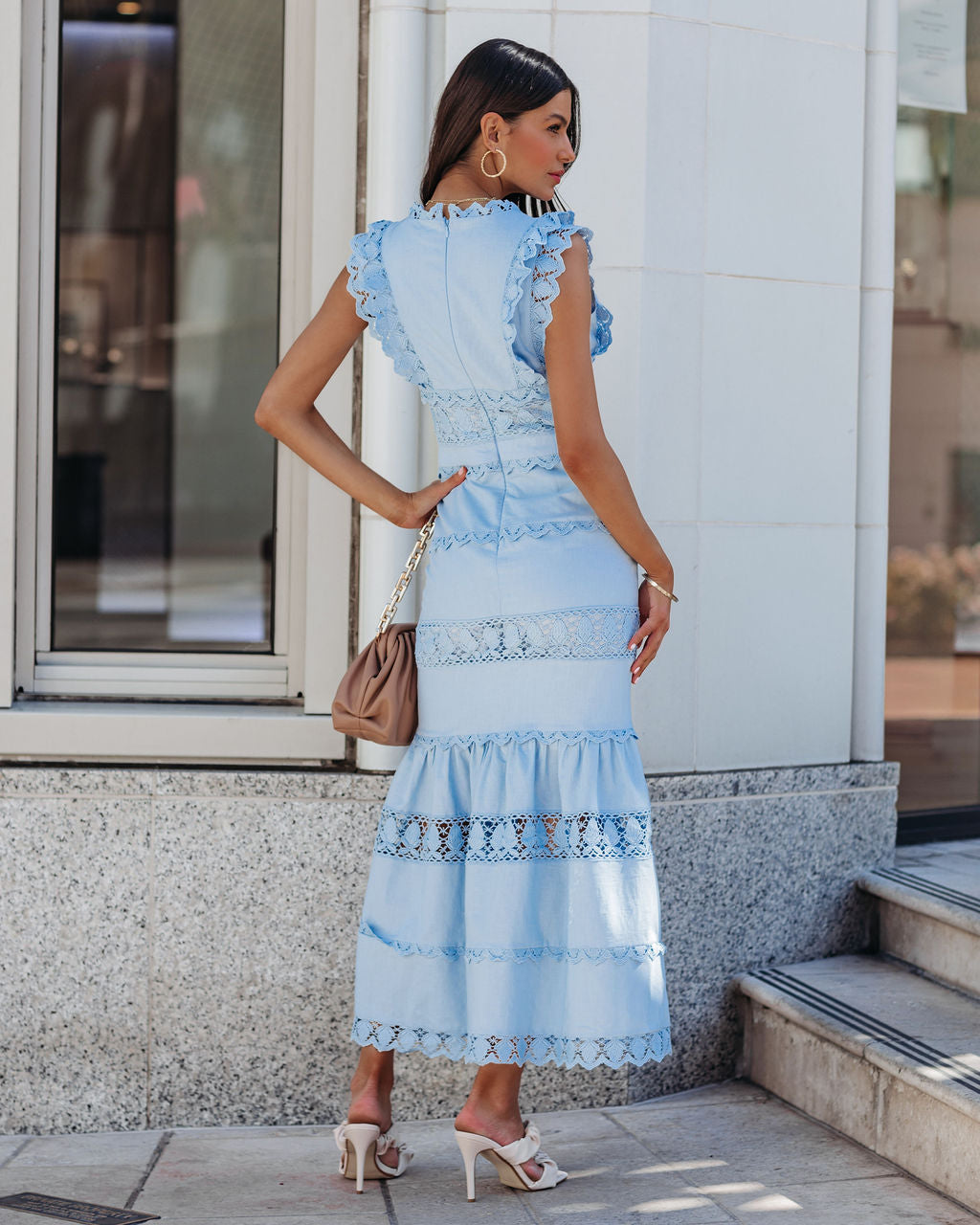 Sacha Cotton Linen Crochet Tiered Midi Dress - Blue