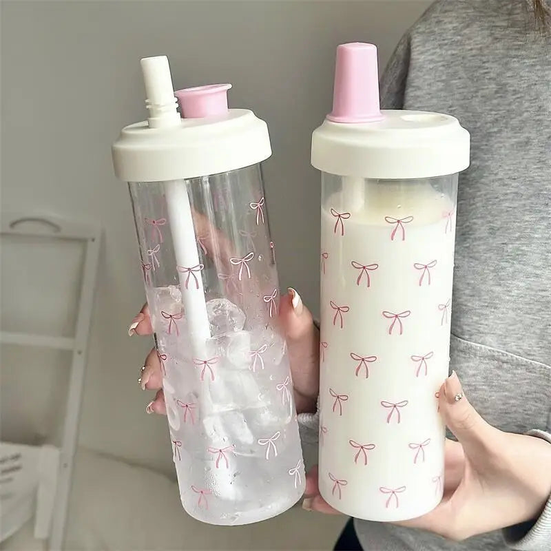 500/700ML Pink Bow Straw Water Bottle With Lid Cute Coffee Bubble Milk Tea Plastic Cup For Outdoor School Drinking Water