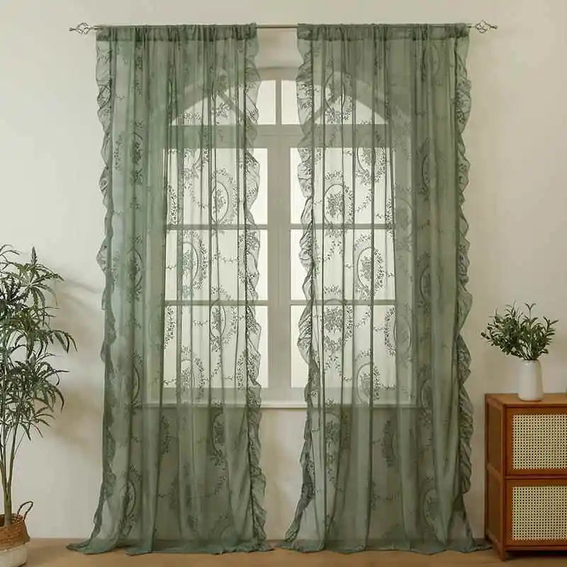 New round Mirror Flower Lace Curtain Semi-Privacy Bedroom Window Treatment Country Style Polyester Fabric Valance Home Decor