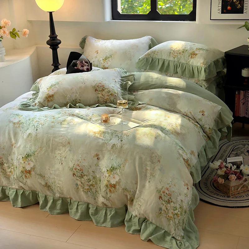 Korean Style Bedding Set 100% Cotton Green Flowers Printed Princess Duvet Cover Sets Fitted Bed Sheet Pillowcases Home Textile