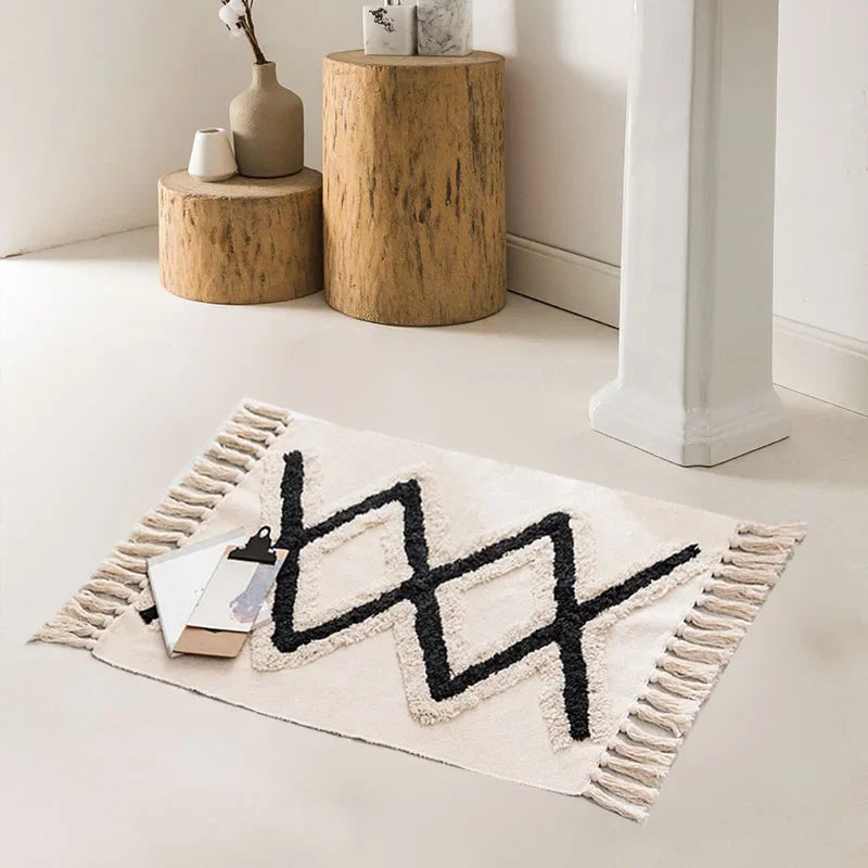 Cotton Linen Retro Rug Tapestry Home Decor Geometric Floor Mats for Bedroom Living Room Hand Woven Bohemian Tufted Tassel Carpet
