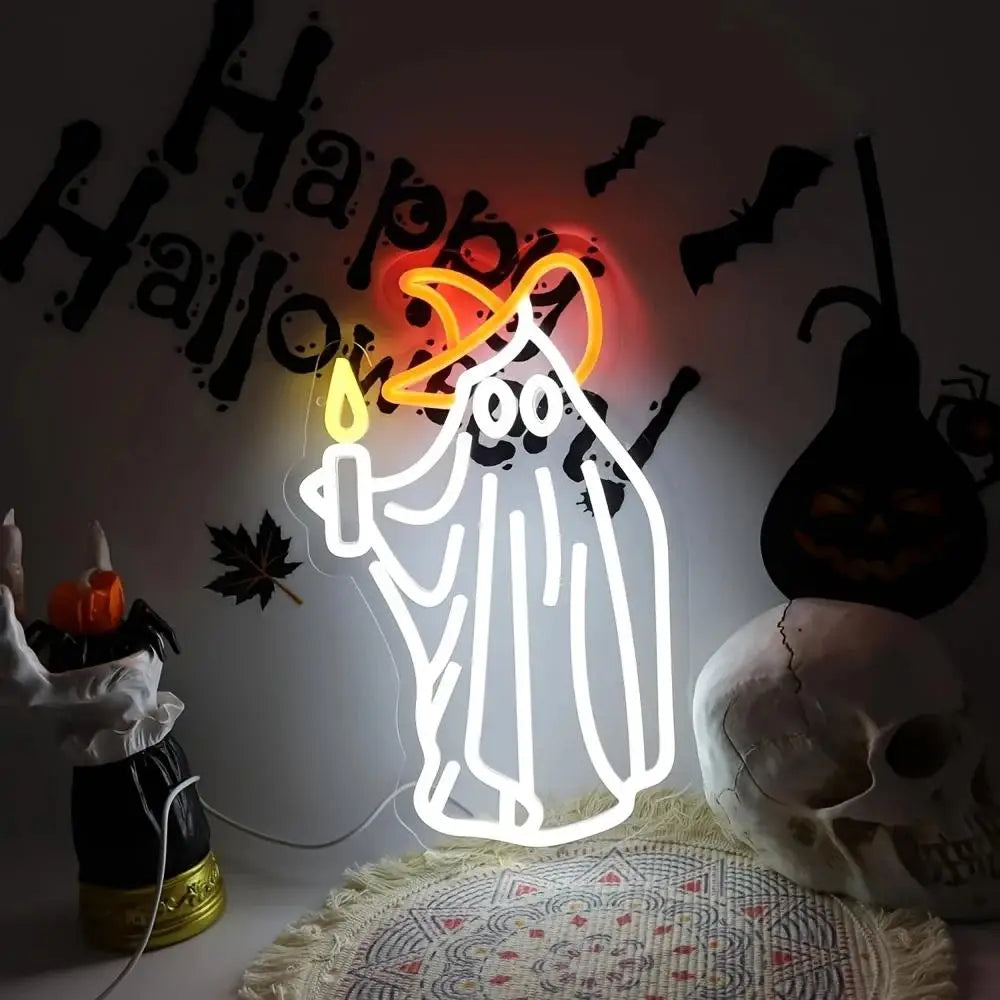 Candle Ghost LED Wall Light Halloween Bedroom Decor LED Neon Sign Rural Cabin Holiday Party Men Cave Kid Room Interior Wall Lamp