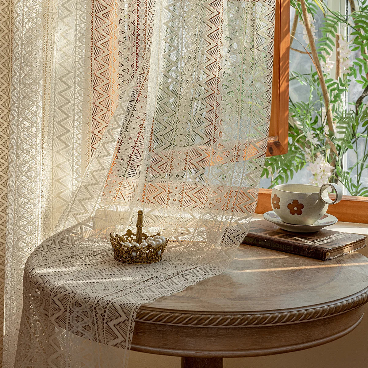 Curtain Beige Lace Sheer Window Curtains Retro French Style Living Room Bedroom Decoration Wave Pattern Romantic Treatment