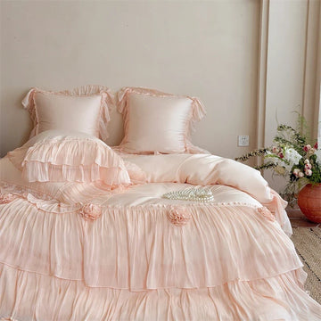 Pink Egyptian Cotton Princess Wedding Bedding Set Luxury Lace Ruffle Flowers Duvet Cover Sets Bed Sheet Pillowcases Home Textile