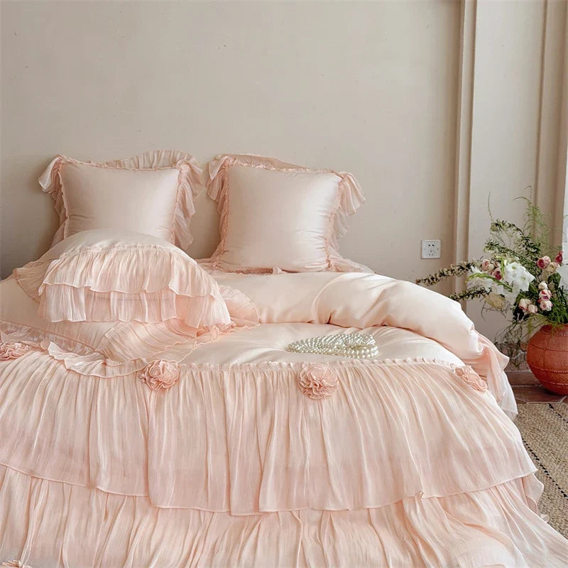 Pink Egyptian Cotton Princess Wedding Bedding Set Luxury Lace Ruffle Flowers Duvet Cover Sets Bed Sheet Pillowcases Home Textile