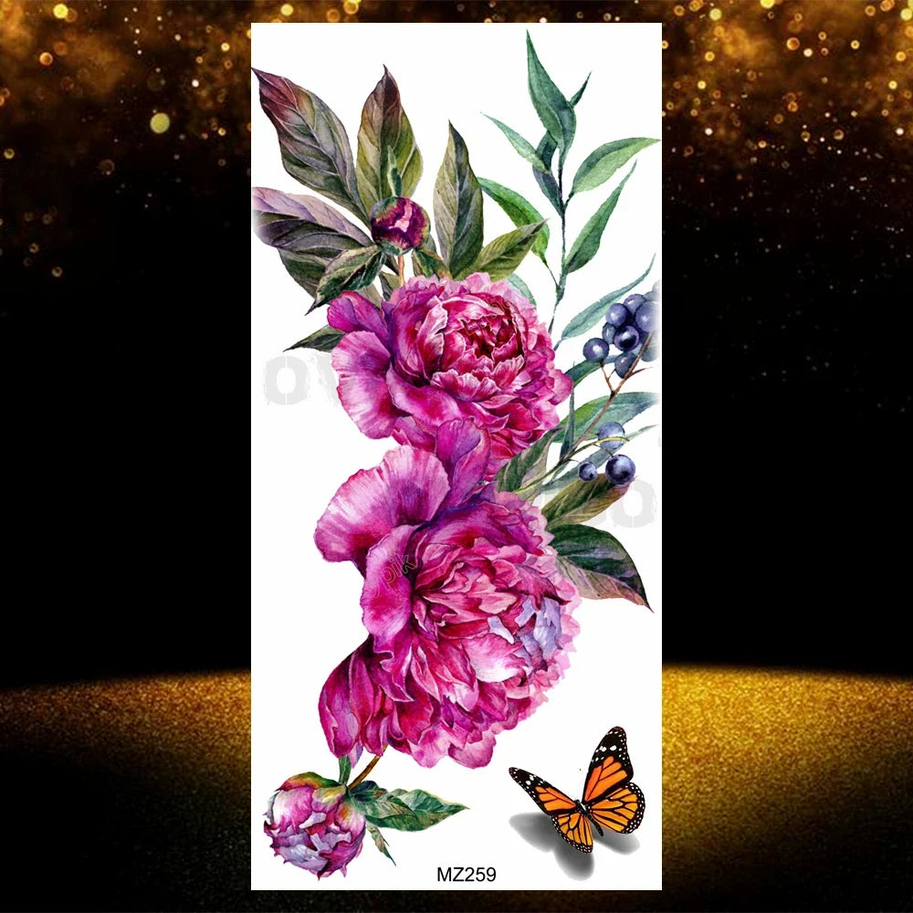 Realistic Black Rose Flower Temporary Tattoos Fake Waterproof Tatoo Body Art Arm Leg Floral Peony Bloosom Tattoo Stickers Makeup
