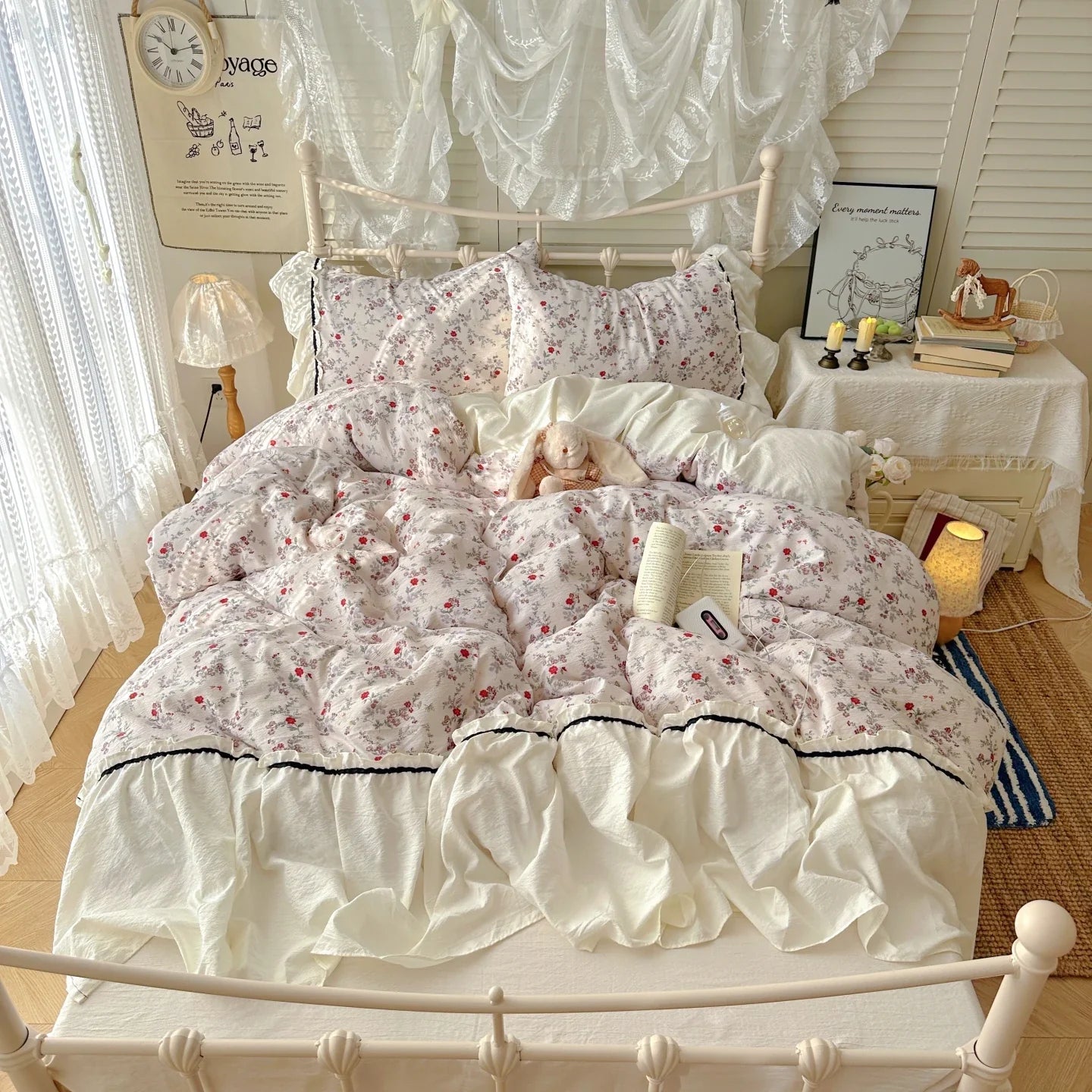 Korean French lazy style puff flower edge quilt cover four-piece set princess style dormitory three-piece set