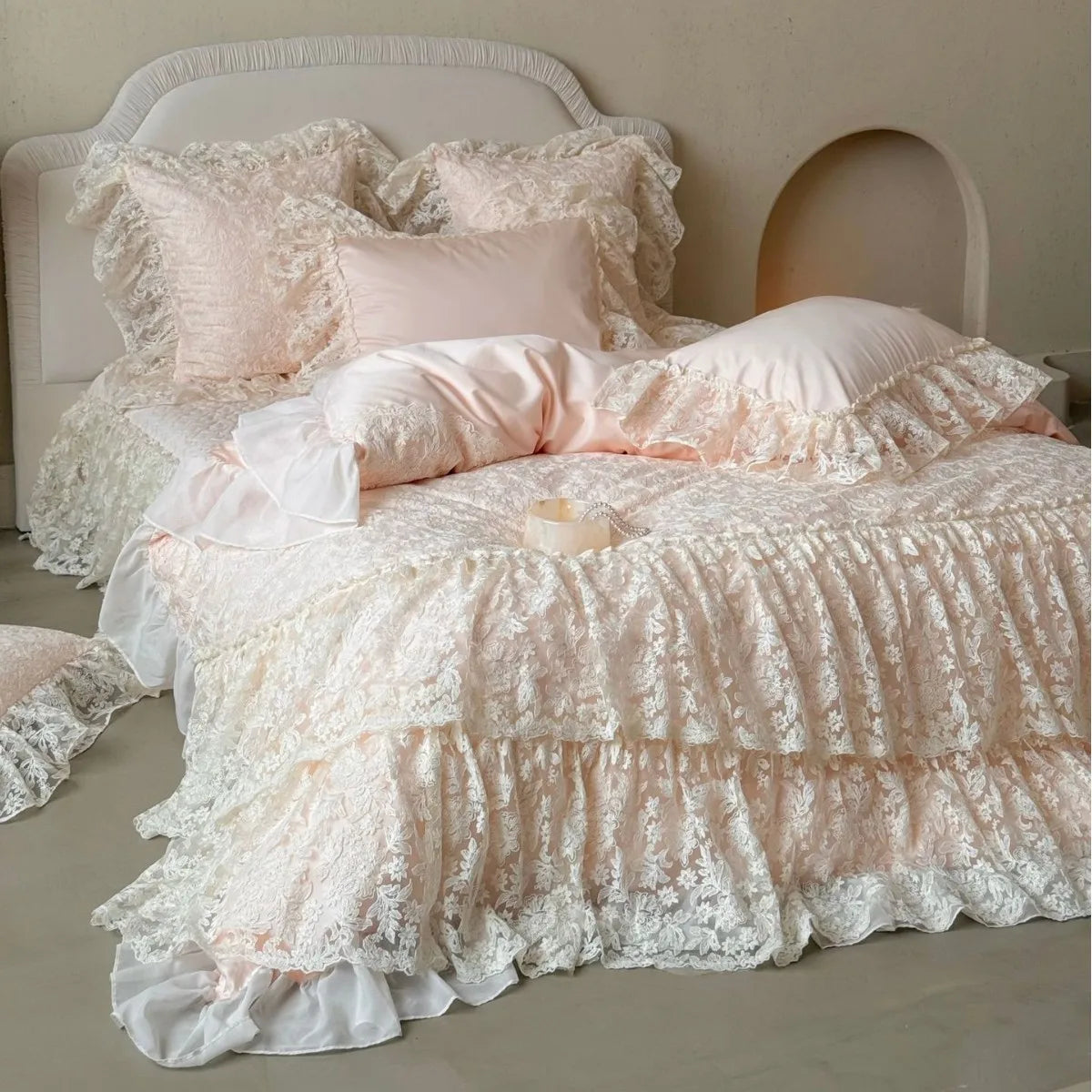 French Princess Bedding Set 4PCS Luxury All Cotton Lace Duvet Cover Set with Quilted Bedspread, Elegant Bedding Queen King Size