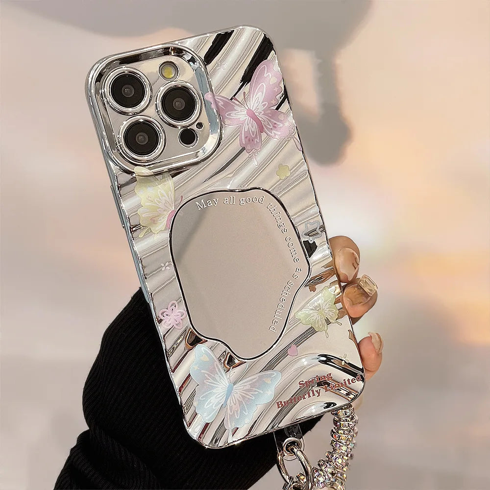 Y2K Butterfly Plating Wave Mirror Phone Case For iPhone 16 15 14 13 12 11 Pro Max XR X XS 7 8 Plus Bracelet Shockproof Cover