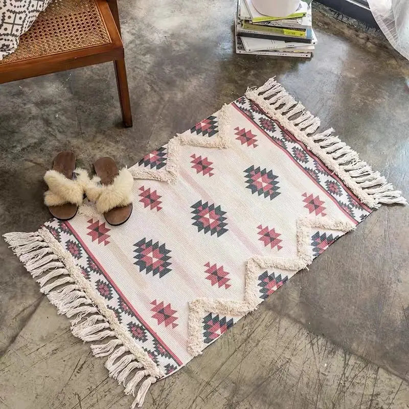 Cotton Linen Retro Rug Tapestry Home Decor Geometric Floor Mats for Bedroom Living Room Hand Woven Bohemian Tufted Tassel Carpet