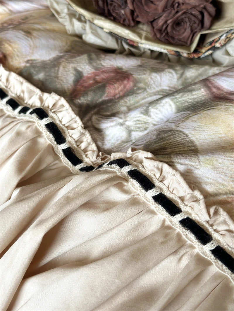 Romantic Vintage Bedding Set, Oil Painting Style, Flowers, Big Ruffles, Egyptian Cotton Duvet Cover Set, Bed Sheet, Pillowcases
