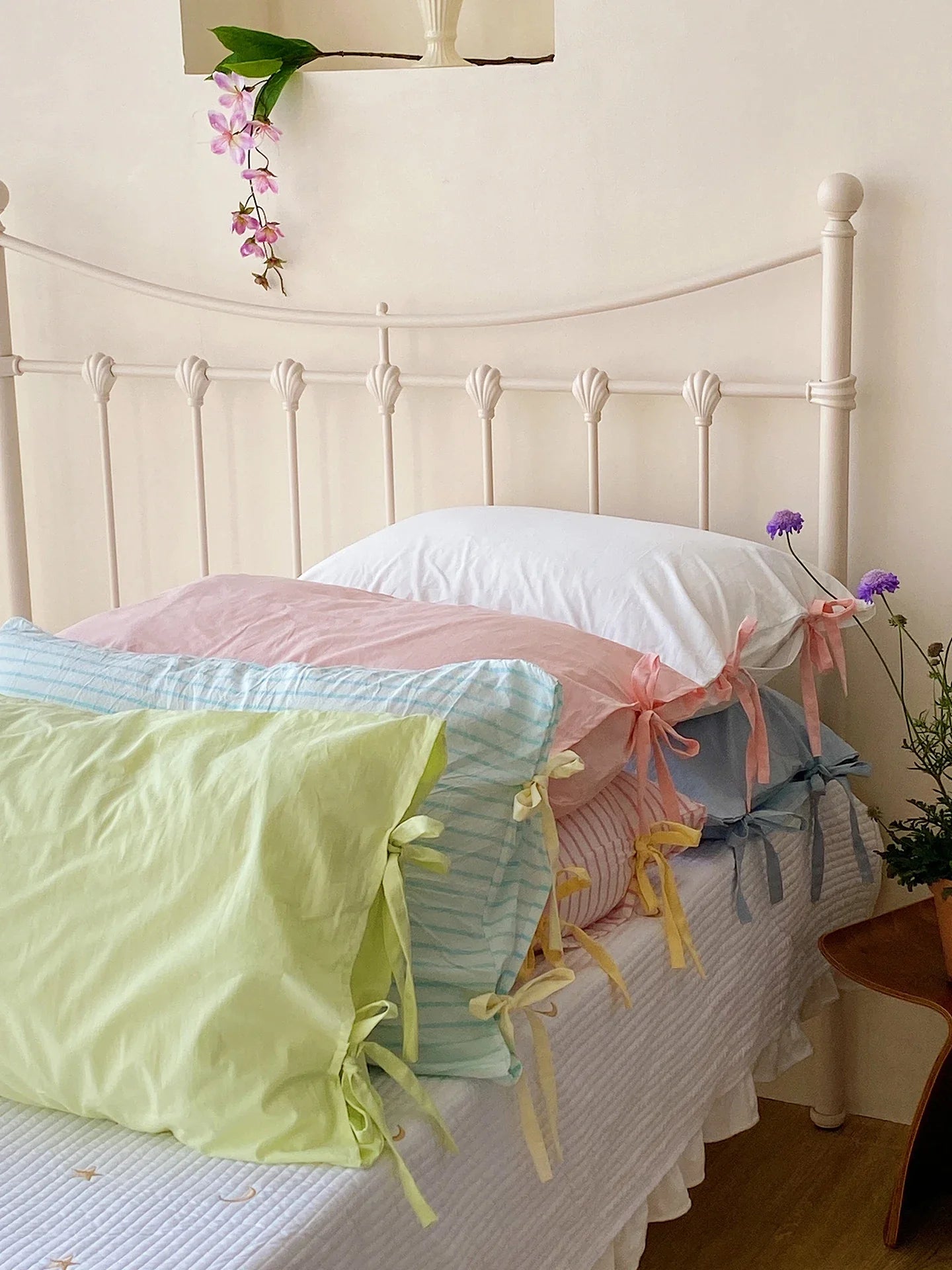 Pure Cotton Pillowcases  Knot Tied Set of Two  Color Versatile Ins Girl's Heart Cotton Fabric Rectangular Shape