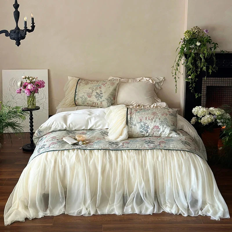 4Pcs French Princess Lace Ruffles Lyocell Cotton Soft Silky Skin-friendly Bedding Set Duvet Cover Sets Bed Sheets Pillowcases