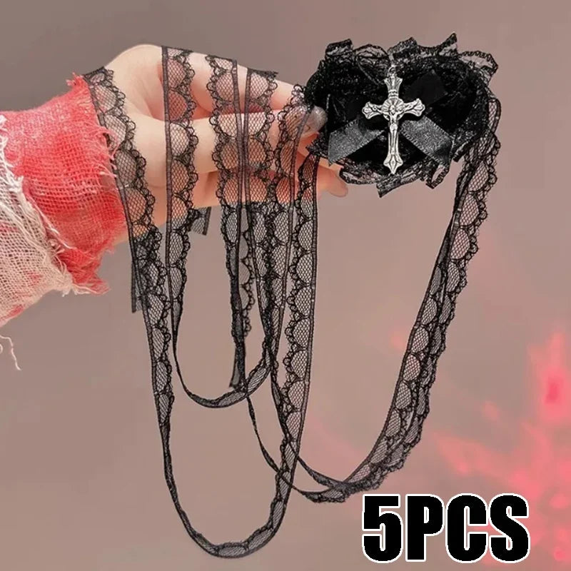 Black/White Lace Bow Heart Cross Eye Mask for Lolita Halloween Sweet Gothic Cosplay Prop Dark Masquerade Accessory for Girls