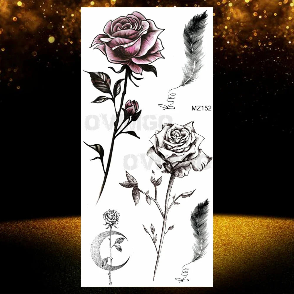 Realistic Black Rose Flower Temporary Tattoos Fake Waterproof Tatoo Body Art Arm Leg Floral Peony Bloosom Tattoo Stickers Makeup