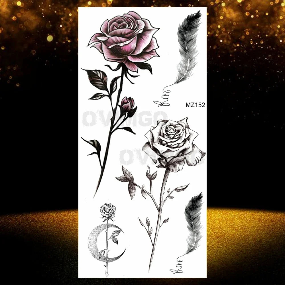 Realistic Black Rose Flower Temporary Tattoos Fake Waterproof Tatoo Body Art Arm Leg Floral Peony Bloosom Tattoo Stickers Makeup