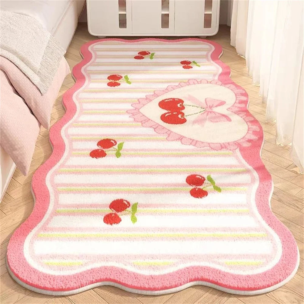 Home Decor Alien Bedside Carpet Pink Cherry Print Princess Room Cloak Room Carpet Thickened Plush Anti Slip Floor Mat