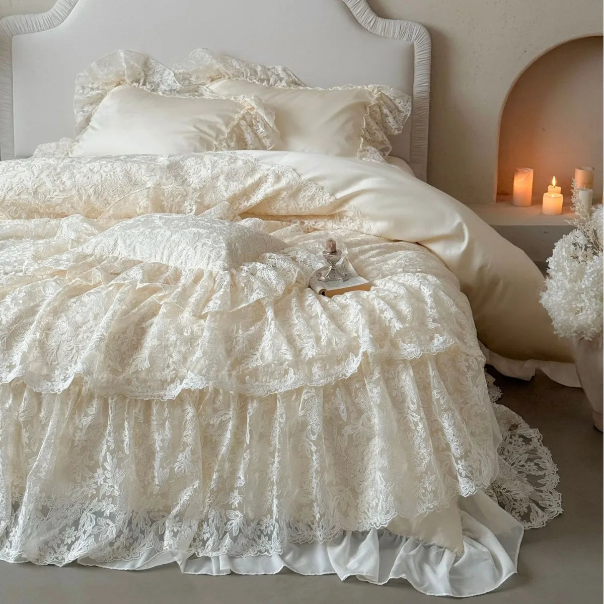 French Princess Bedding Set 4PCS Luxury All Cotton Lace Duvet Cover Set with Quilted Bedspread, Elegant Bedding Queen King Size