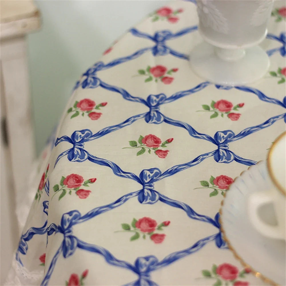 French Romantic Tablecloth Butterfly Knot Rose Printed Pure Cotton Tablecloth Lace Lace Dustproof Cover Towel Home Decoration