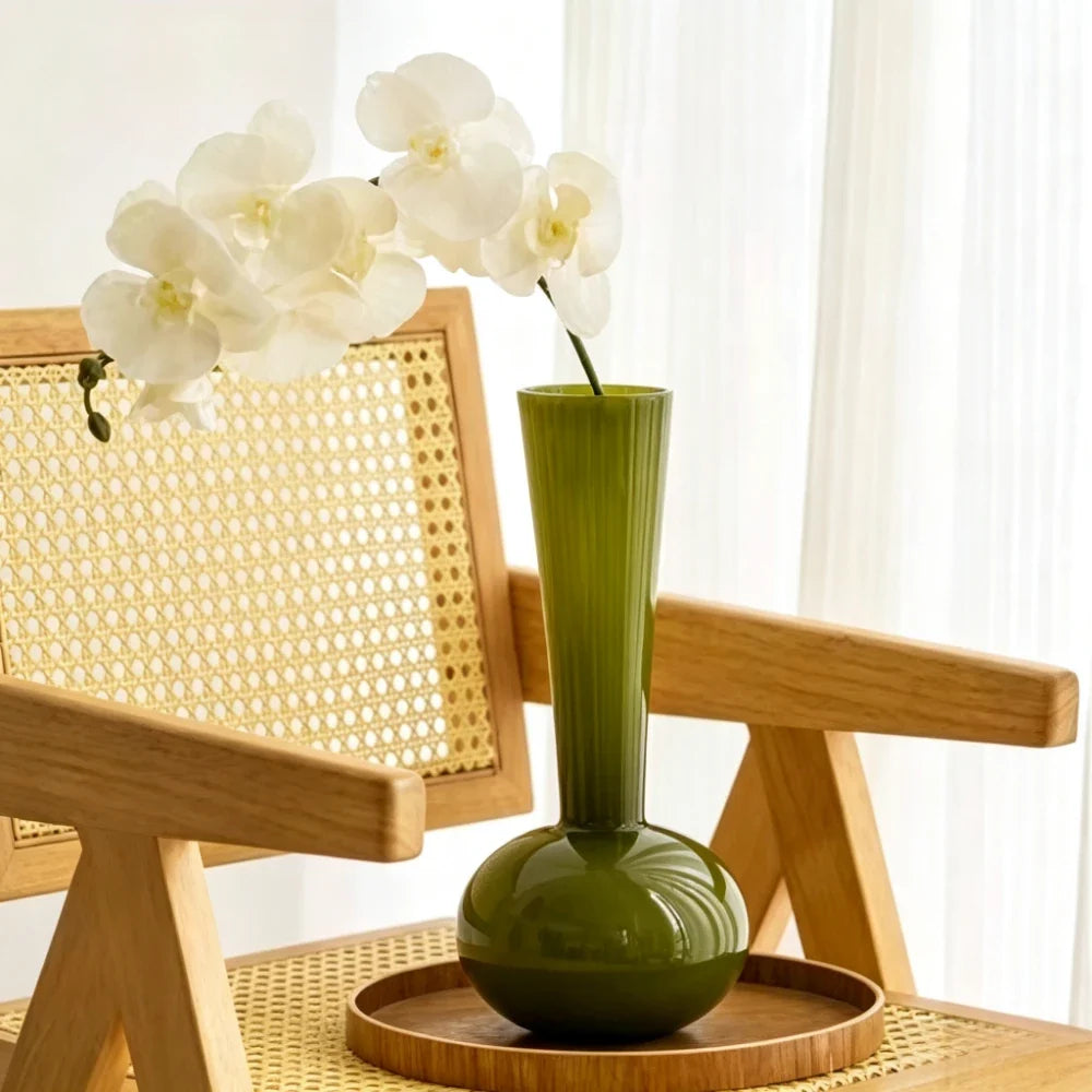 Modern Green Narrow Neck Glass Vase Floral Arrangements Bottle Minimalist Office Table Centerpiece Decor Home Aesthetic