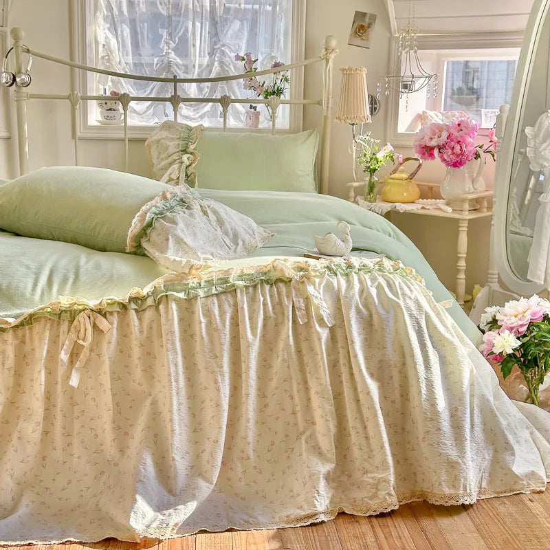 3/4Pcs Bedding Set French-Inspired, Girly, Princess-Style Bows and Lace Pink Duvet Cover Pillowcase Bedding Full Set Double Bed