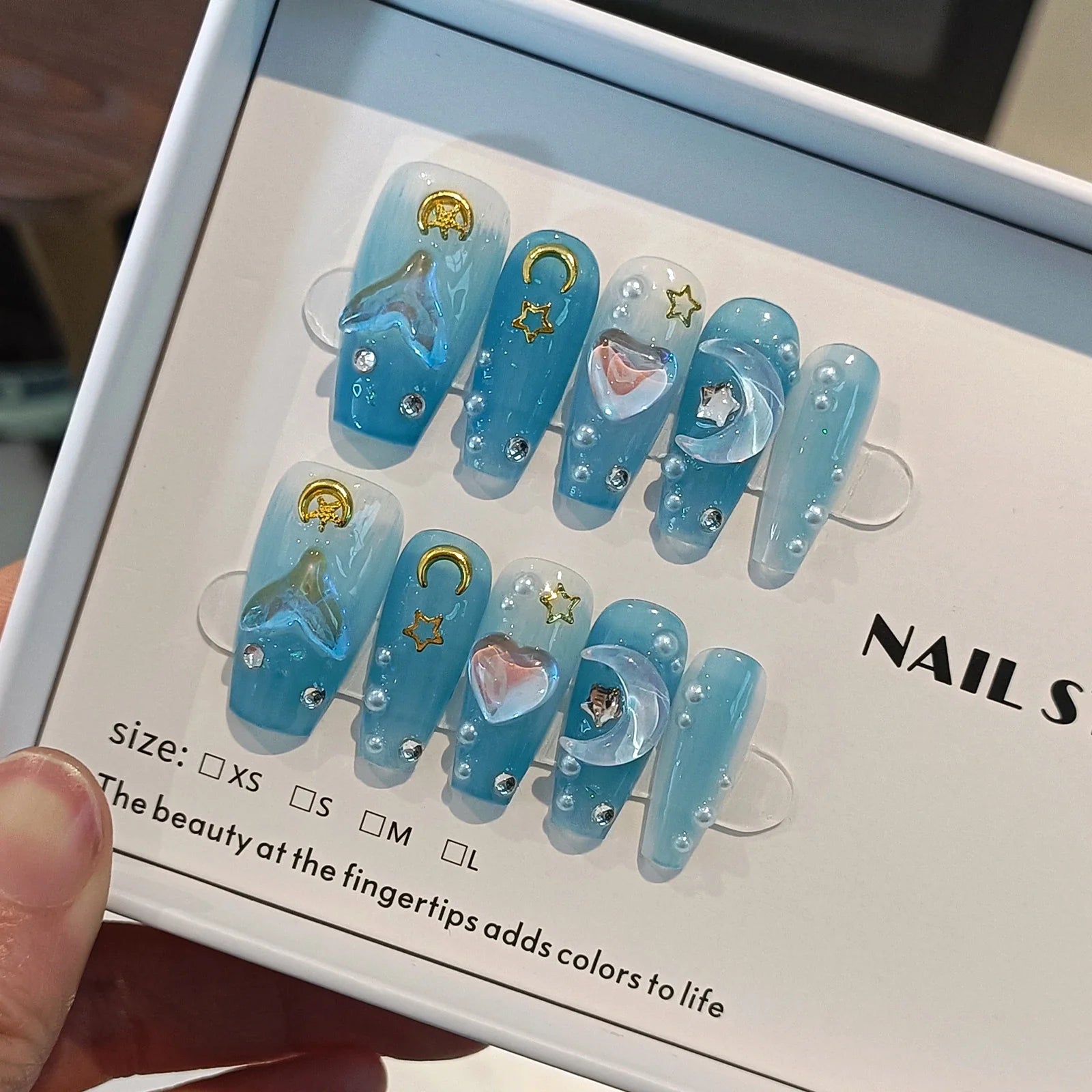 10Pcs Pink Coffin Handmade Press On Nails Moon Stars False Nails Sweet Bow Diamond Design Full Cover Ballet Fake Nails Press On