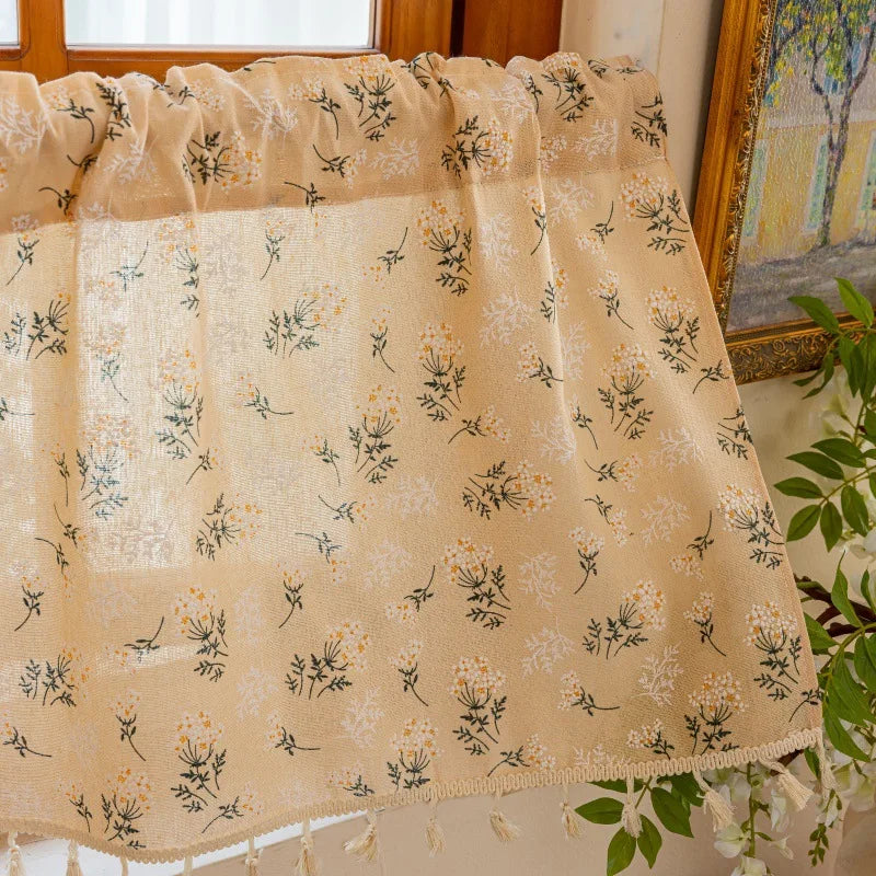 Window Valance Leave Print Linen Farmhouse Short Kitchen Curtains with Tassel Postal Style Rustic Valances Rod Pocket Room Decor