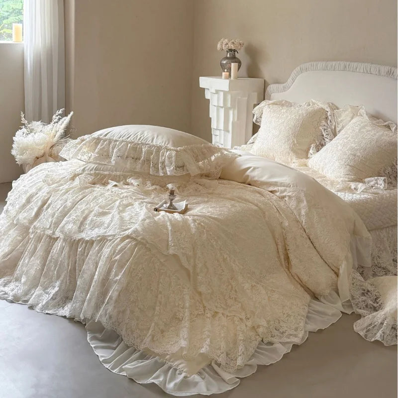 French Princess Bedding Set 4PCS Luxury All Cotton Lace Duvet Cover Set with Quilted Bedspread, Elegant Bedding Queen King Size