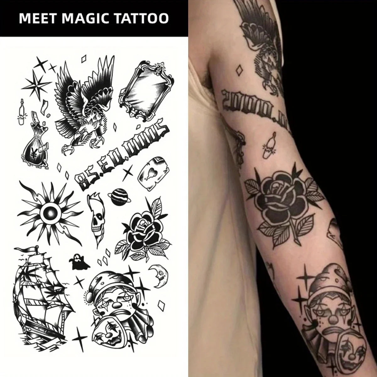 Magic Tattoo Splicing Pattern with Large Flower Arm Eagle Waterproof Temporary Tattoo Sticker Lasts To 15 Days Eagle Tattoo