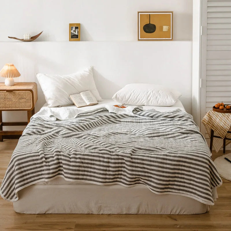 Summer Autumn Thin Quilt 100% Cotton Blankets Striped Knitted Comfortable Washable Bed Blanket Quilting Suitable for Adults Kids
