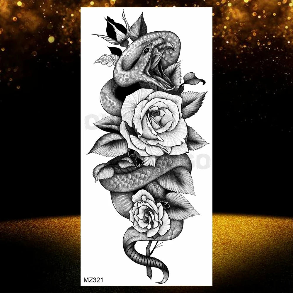 Realistic Black Rose Flower Temporary Tattoos Fake Waterproof Tatoo Body Art Arm Leg Floral Peony Bloosom Tattoo Stickers Makeup