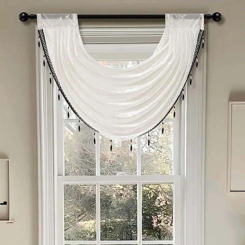 140x60cm Curtain Valance Livingroom Beaded Rod Pocket Scallop Header Window Panel Drapes With Fringe Tassel Home Decoration