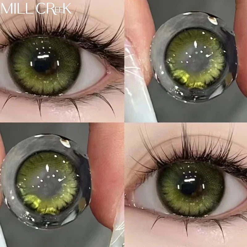 2pcs/Pair Color Contact Lenses Myopia Green Real looking Yearly Colored Lens Natural Dioptric Eye with Shimmer Degree Mill Creek