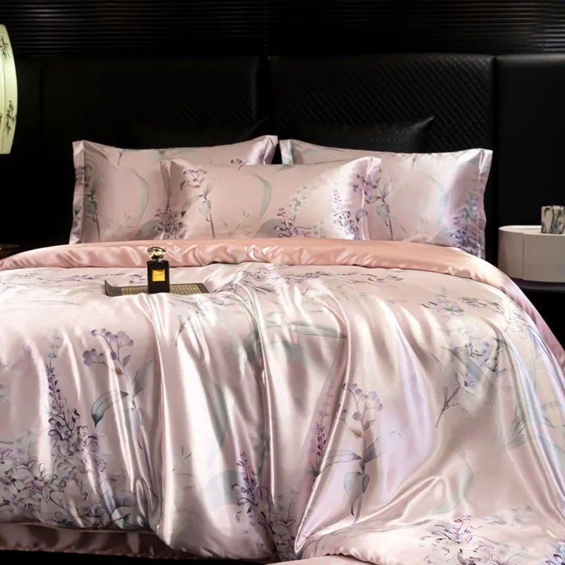 4pcs printed luxury high-end silk bedding set soft satin single double duvet cover pillowcase flat sheet or fitted sheet set