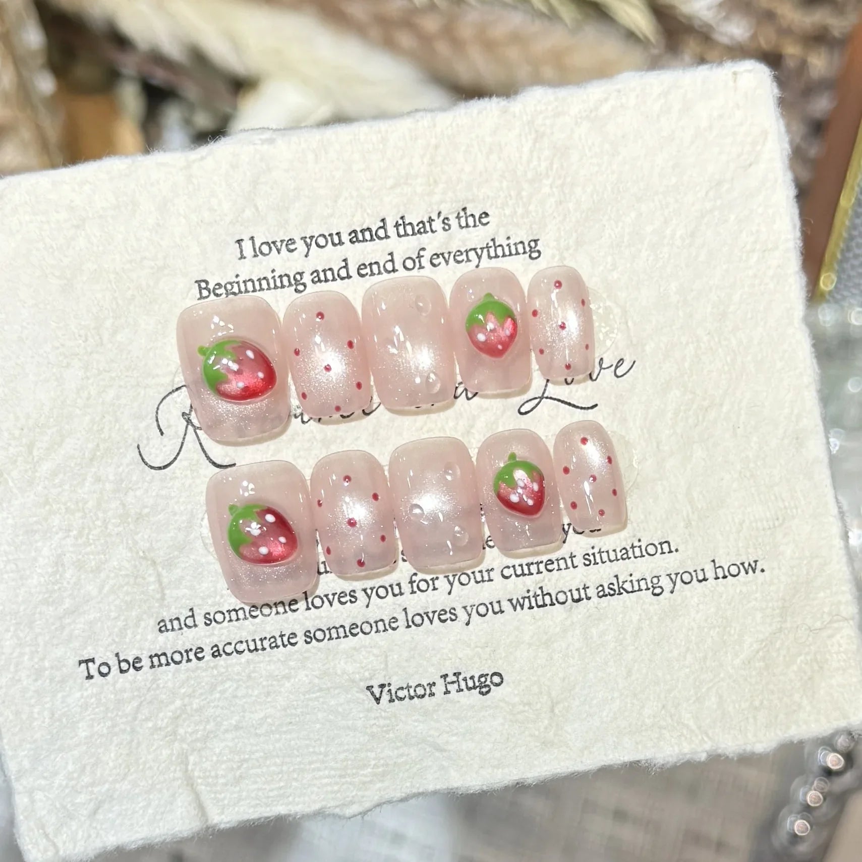 10pcs Summer Fruits Press on Nails Cat Eye False Nails Short Square Handmade Fake Nail Polka Dots Nails Strawberry Flower Nail