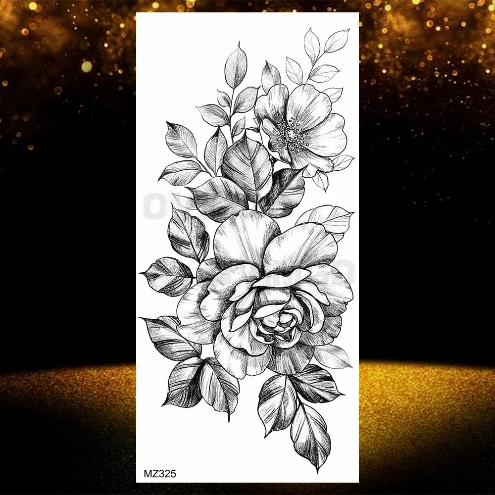 Realistic Black Rose Flower Temporary Tattoos Fake Waterproof Tatoo Body Art Arm Leg Floral Peony Bloosom Tattoo Stickers Makeup